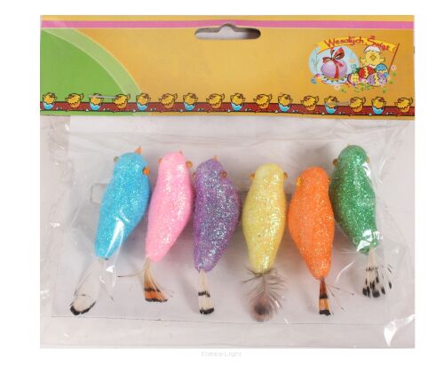 Ptaszki dekoracyjne brokatowane na klipie 6szt/opk. 5cm DF6-E226 MIX kolorów